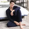 Pajamas Mężczyźni Luksusowy Odzież do domu Elegancka Modal Bawełna Mężczyźni Pleasear Czarny Solidna Długie Rękaw Lapel Design Plus Size Mens Pajama LJ201113