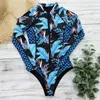 Um pedaço de maiô 2020 Nova manga longa sexy Swimwear Mulheres Imprimir roupa de banho Beach Wear Back Cut Cut Suites Monokini T200708