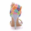 2020 летний тонкий высокий каблук сандалия для женщин Радуга цвета сандалии многоцветные ручной работы ретро цветы сандалии женщина обувь
