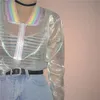 Jaquetas femininas jaqueta transparente feminina casaco holográfico gola arco-íris transparente/bomber outwear