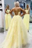 Piękne paski spaghetti Bateau Scoop Collar A-Line Leaves Aplikacja Koronki Daffodil Tulle Formalna Prom Evening Suknie Masque Party Suknia