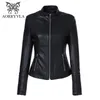 AORRYVLA Plus Taille Veste en cuir pour femme Col Mandarin Zipper Noir Faux Veste en cuir Slim Style Automne Femme Outwear 210201