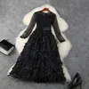 2021 lente lange mouw ronde hals zwart pure kleur tule lameled knoppen mid-kalf jurk elegante casual jurken LJ07T11761