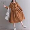 Robe Femme Autumn Winter Sweet Women Dresses Peter Pan Collar Bow Loose Corduroy Vintage Elegant Dress Vestido Longo 201029