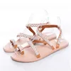 Bröllopsskor Summer Flat Sandals Pearl Decoration Sandaler Läderlägenheter Plus Size Women's Shoes