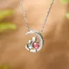 Lotus Spaß Natürliche Turnaline Edelsteine ​​Zirkon Mode Katze Und Mond Halskette Echt 925 Sterling Silber Fine Schmuck Geschenk für Frauen Q0531