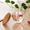 Wärmedämmung Wein Café Saft Tasse BPA Doppelwandiges Glas für Bar Versiegelung Reisekaffeetasse mit Bambusdeckel Q1222266r