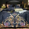 Ultra Soft Egyptisk Bomull Navy Blå Bedding Set Queen King Size 4 / 7PCS Premium Broderi Duvet Cover Bed Sheet Pillow Shams 201022