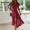 Aachoae Summer Beach Dress Women Floral Print Long Bohemian Dress Short Sleeve Boho Style Maxi Dress Ruffles Sundress Vestidos LJ200820