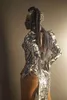 Silver Laser Sequins Backless Slit Dress Club Women Dancer Singer Performance Reflective Mirror Costume Nightclub Bar Sexy Party Stage Wear