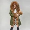 MMKファッション女性のパーカーコートウサギの毛皮のライニングビッグアライグマカラーウィンタージャケットロングフード付きアーミーグリーンシーズン暖かいJA 211220