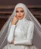 Muslim Pearls Mermaid Wedding Gowns With Detachable Train Beaded High Neck Long Sleeve Bridal Dresses Arabic Aso Ebi Women Satin Vestidos De Novia Plus Size AL8167