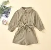 2020 New Kids Clothing Girls Long Sleeve Bowknot Button Jumpsuits Cotton Linen Children Rompers Boutique Infants Soft Clothes BY1604