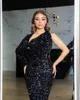 Arabisch Dubai Sexy schwarze Meerjungfrau Ballkleider Pailletten One Shoulder Long Sleeves Kristall Perlen formelle Partykleid Abendkleider nach Maß