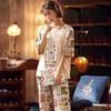 짧은 소매 면화 잠옷 봄 여성 여름 파자마 세트 Pijama Sleepwear 잠옷 잠옷 Nightwear Set Long Pant Y200708