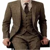 Mais recente casaco calha desenhos marrom tweed formal homens feitos sob encomenda ternos inverno 3 peças fina fit tuxedo masculino jaqueta + colete + calça 201106