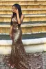 Sparkly Sequined Mermaid Prom Klänningar Backless Halter Neck Court Train African Black Girl Formal Evening Party Gowns