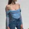 Kvinnor Casual Toppar 2022 Vår Slash Neck Långärmad Zipper Sexig Mesh Backless Fashion Ladies T-Shirts