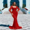 Luxury Major Beaded Prom Dresses Red Long Sleeves Beads Sequins Lace Arab Dubai Evening Dresses Chic Mermaid Pageant Dress Custom Made