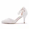 Forniture Wish Amazon Scarpe da sposa in pizzo bianco Un cinturino con parole Tacco a spillo Punta a punta sandali da sposa da sposa Décolleté da 9 cm weddi3005