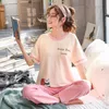 Pijama Karikatür Pijama Kadınlar Pijama Mujer Invierno Ev Giyim Büyük Boy Pembe Baskılı Kısa Kollu T-Shirt Pantolon 2 adet 210203