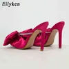 Тапочки Eillken Silk Crystal Butterfly Knot Mule High каблуки Сандалии заостренные носки Слайды Сторона Женская Обувь220308