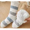 Soft Coral Fleece Female Striped Comfy Floor Sock Fuzzy Socks Women Warm Plush Bedroom Silicone Non-slip Women's Slippers Sock 211221