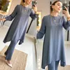 Ethnische Kleidung Muslimische Frauen Lange Tops Islamische Sets Blau Graue Hosen Abayas Dubai 2021 Türkei Outfit Ramadan Gebetskleidung 2 Stück2872