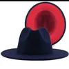 Sencillo azul marino con remiendo rojo remiendo Panamá Lana Fieltro Jazz Fedora Hats Mujeres Hombres Ancho Brim Partido Vaquero Trilby Gambler Hat