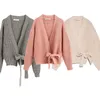 Kvinnor tröja grå beige rosa fasta KINITIONED CARTYN SASHES V-HECK Sweater Casual Loose Style Female Clothes 201203