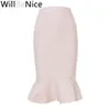 WillBeNice New Arrival Nude Mermaid Fishtail High Waist Knee Length Bandage Pencil Skirts LJ201029