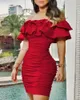 Mini abito da sera rosso a maniche corte da donna Solido con spalle scoperte Increspato a strati Ruffles Vestito aderente Vestidos De Verano T200320
