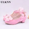 ULKNN Children Party Leather Shoes Girls PU Low Heel Lace Flower Kids Shoes For Girls Single Shoes Dance Dress shoe White Pink 201215