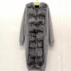 2020 Real Natural fur coat sweater cardigan women's genuine wool knitting with collar Long warm winter Autumn outerwear