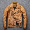 MAPLESTEED Natural Oil Wax Calf Skin Jackets Men Leather Jacket Thick Turn Down Collar Yellow Brown Men's Skin Coat Winter M098 201128