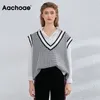 Aachoae خمر houndstooth سترة سترة النساء شيك الخامس الرقبة منقوشة أكمام البلوز قمم عارضة فضفاض محبوك صدرية 201109