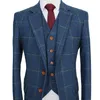 Lã azul ckeck tweed feitos sob encomenda feito homens terno blazers retro alfaiate feitos fita fita fita para homens 3 peça 201106