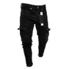 Мужчины Biker разорвал длинные джинсовые брюки тощие джинсы брюки уничтожены растягивающиеся черные брюки G0104