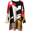 Диалог женский свитер вязаный элегантный зрелый винтажный стиль печати полосатый геометрический контраст свободный круглый воротник ткань AQ265 201201