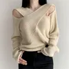 Suéteres de mujer Alien Kitty albaricoque sólido Sexy mujer tejido pulóver Chic hombros descubiertos 2021 suelto todo el partido Casual jerséis