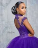 Purple Beaded Short Prom Dresses Sheer High Neck Lace Appliqued Evening Gowns Knee Length Tulle Formal Dress