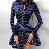 Leather Flare Women's Dress 2021 Houndstooth Print Woman Faux PU Zipper Short Dresses Autumn Elegant Long Sleeve Female Clothing Y0118