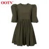 OOTN Green O Neck Casual Women Dress Lantern Short Sleeve Solid Pink Mini Ladies Elegant A Line Summer es Cotton 220210