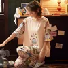 짧은 소매 면화 잠옷 봄 여성 여름 파자마 세트 Pijama Sleepwear 잠옷 잠옷 Nightwear Set Long Pant Y200708