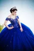 Vintage Blue Crystals Ball Gown Quinceanera Klänningar Major Beading Långremsor Tulle Formell Brithday Prom Party Wear Sweet 15 År 16 Klänning