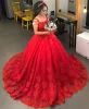 Röda quinceanera klänningar med spets applikation spaghetti remmar tyll korsett bakpärlan skräddarsydd söt 16 formell tävling boll klänning prinsessa slitage 403