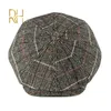 Berets Autumn Winter Vintage Plaid Beret Hats Bawełniana wełna ośmioboczna czapka dla mężczyzn detektyw malarz płaski czapki sboy rh1324Q