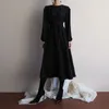GALCAUR coreano abiti neri femminile a vita alta lanterna manica lunga fasciatura vestito longuette per le donne autunno moda nuovo T200320
