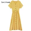 Sam's Tree черный твердой шикарной одноразовой кнопки вскользь женские платья лето винтаж желтый с коротким рукавом корейские женские вечеринки платье T200619