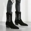 Nagie czarne zamszowe haftowane kolano wysokie buty kobiety spiczaste palce kociakowe obcasy zimowe długie buty Flats Knight1